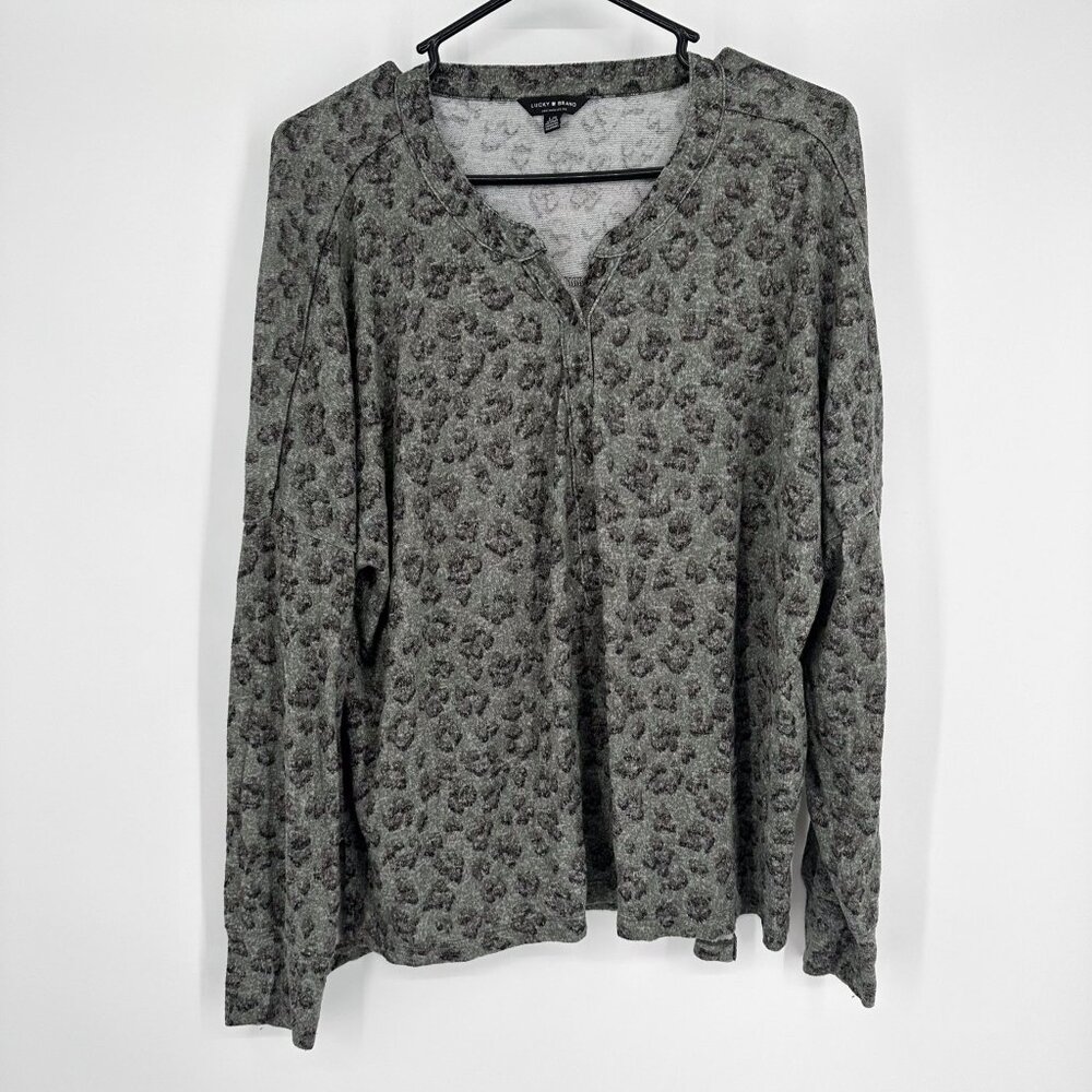 LUCKY BRAND Hacci Henley STRETCHY Knit Top Blouse Green L‎ OVERSIZE